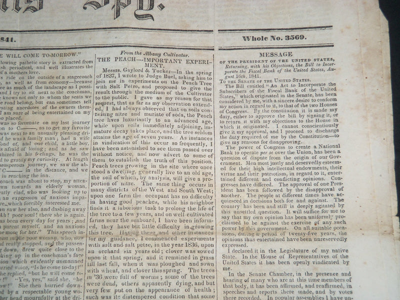1841 AUGUST 25 THE MASSACHUSETTS SPY NEWSPAPER - TYLER VETOES BANK BILL- NP 4175