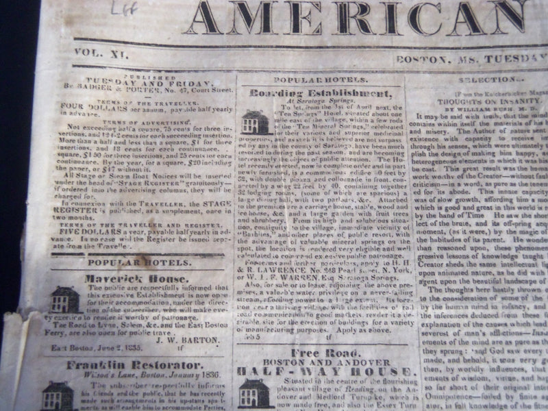 1836 FEBRUARY 30 AMERICAN TRAVELLER NEWSPAPER - RARE DATE - BOSTON - NP 3980
