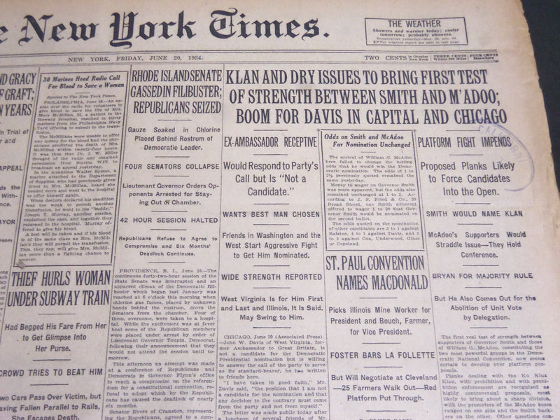 1924 JUNE 20 NEW YORK TIMES - KLAN AND DRY ISSUES TO BRING FIRST TEST - NT 6859