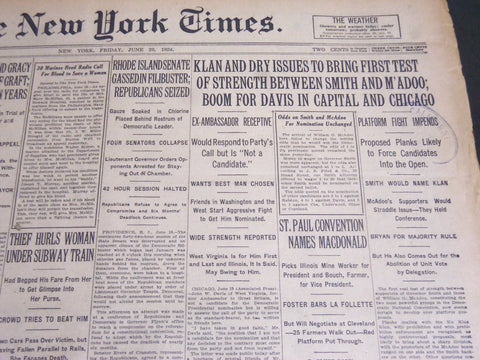 1924 JUNE 20 NEW YORK TIMES - KLAN AND DRY ISSUES TO BRING FIRST TEST - NT 6859