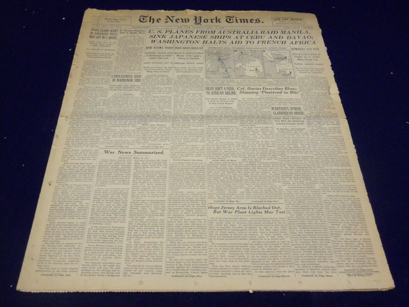1942 APRIL 16 NEW YORK TIMES - U. S. PLANES FROM AUSTRALIA RAID MANILA - NT 1217