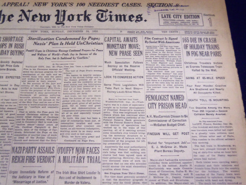 1933 DECEMBER 24 NEW YORK TIMES - PARIS TRAIN CRASH KILLS 165 - NT 4162