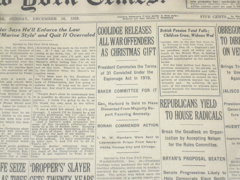 1923 DECEMBER 16 NEW YORK TIMES - COOLIDGE RELEASES ALL WAR OFFENDERS - NT 9233