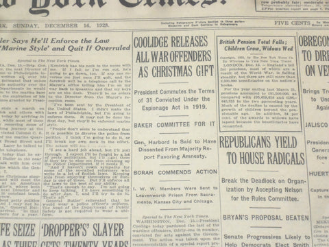 1923 DECEMBER 16 NEW YORK TIMES - COOLIDGE RELEASES ALL WAR OFFENDERS - NT 9233