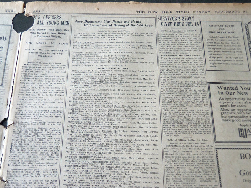 1925 SEPTEMBER 27 NEW YORK TIMES - DIVER FINDS TORN HULL OF SUNKEN S-51- NT 7200