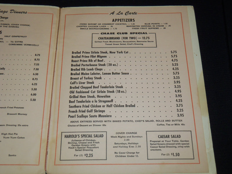 1962 CHASE CLUB PLAZA HOTEL MENU - GUY LOMBARDO - J 7271