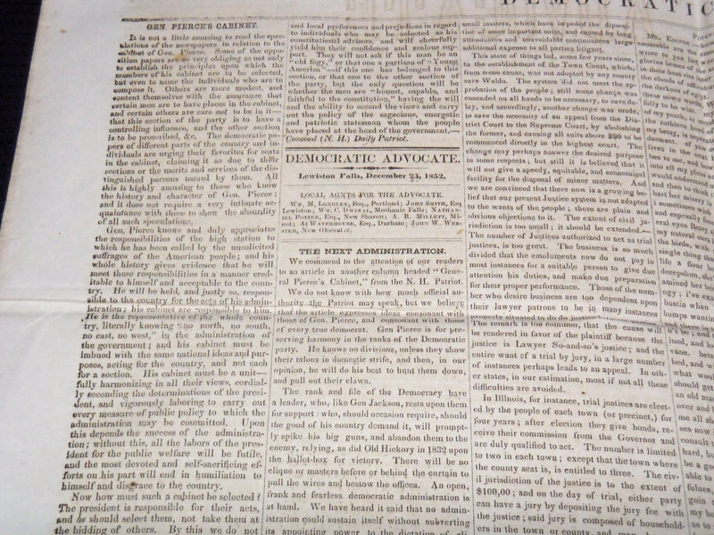 1852 DECEMBER 23 DEMOCRATIC ADVOCATE NEWSPAPER - PRES. PIERCE - MAINE - NP 2152K