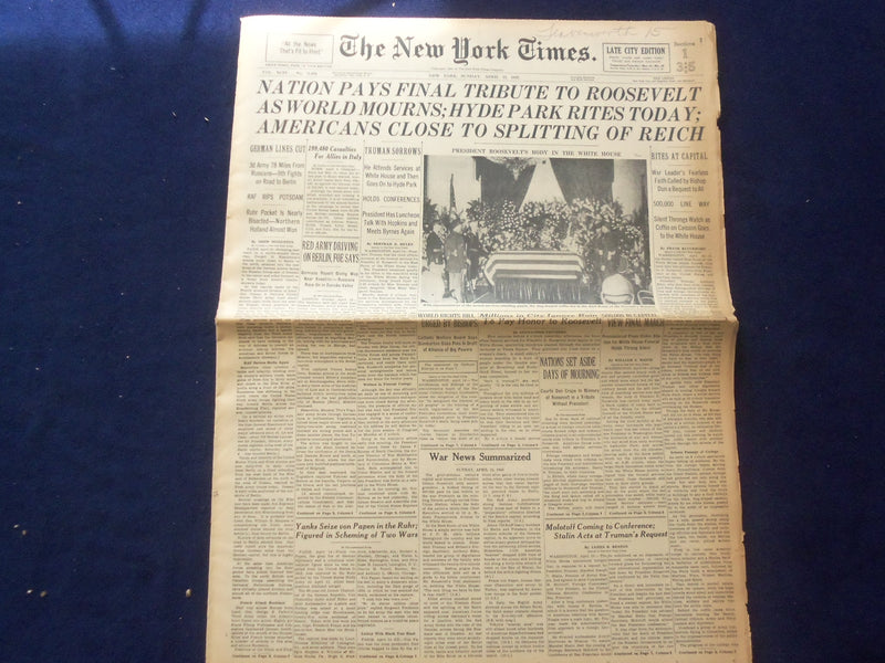 1945 APRIL 15 NEW YORK TIMES - NATION PAYS FINAL TRIBUTE TO ROOSEVELT - NP 6468
