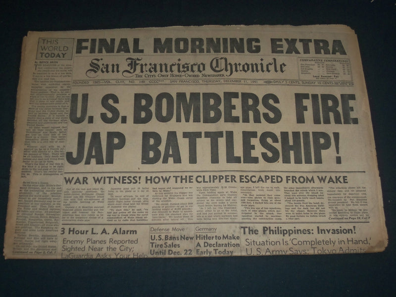 1941 DEC 11 SAN FRANCISCO CHRONICLE BOMBERS FIRE BATTLESHIP - SUPERMAN - NP 3651