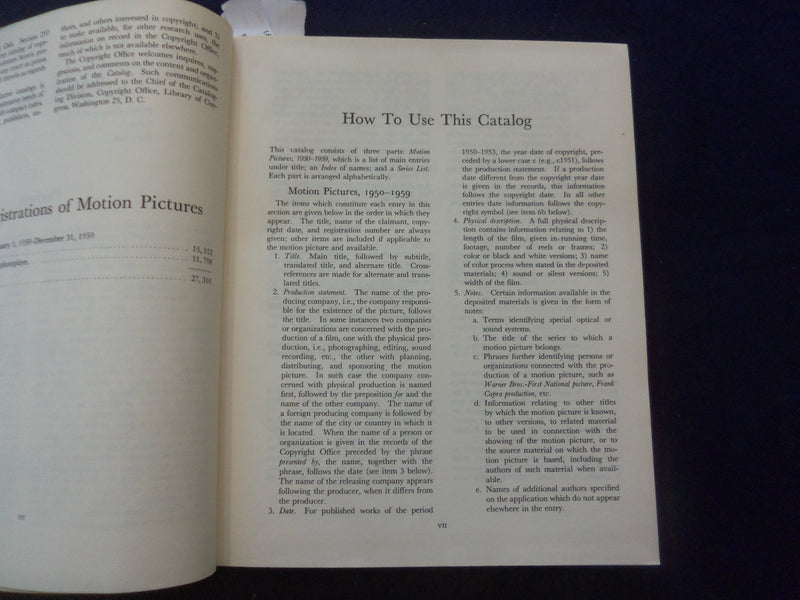 1960 MOTION PICTURES 195-1959 HARDCOVER BOOK -COPYRIGHT ENTRIES CATALOG- KD 8590