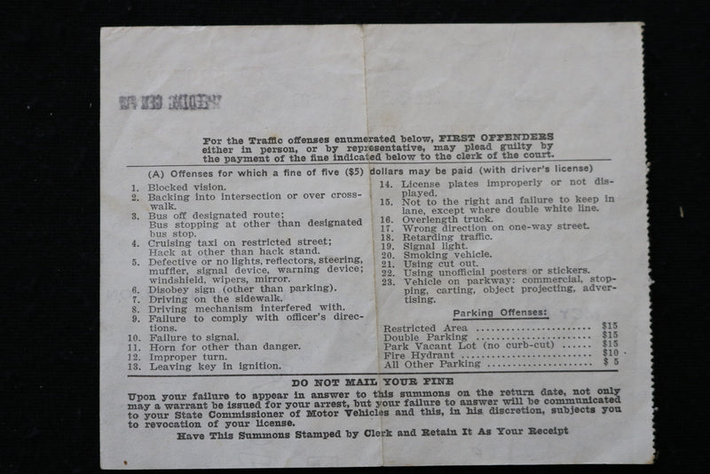 1954 JUNE 7 MAGISTRATES' COURT OF THE CITY OF NEW YORK SUMMONS- K 2219