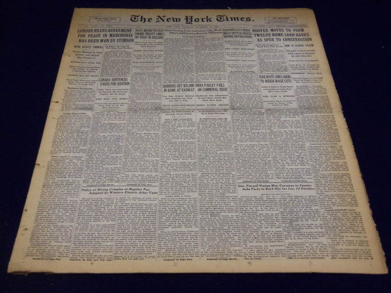 1931 NOV 14 NEW YORK TIMES - HOOVER TO FORM 12 HOME LOAN BANKS - NT 2184