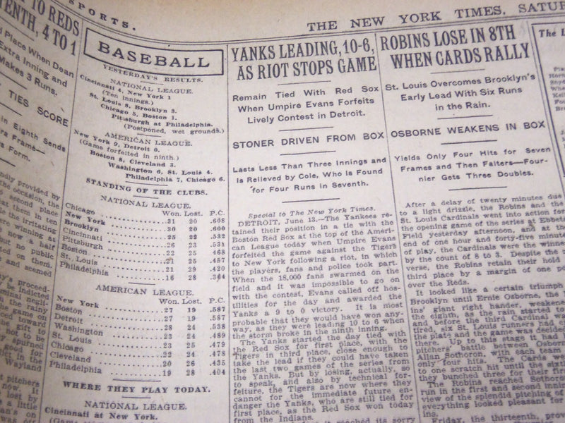 1924 JUNE 14 NEW YORK TIMES - BASEBALL GAME IN DETROIT ENDS IN A RIOT - NT 5042