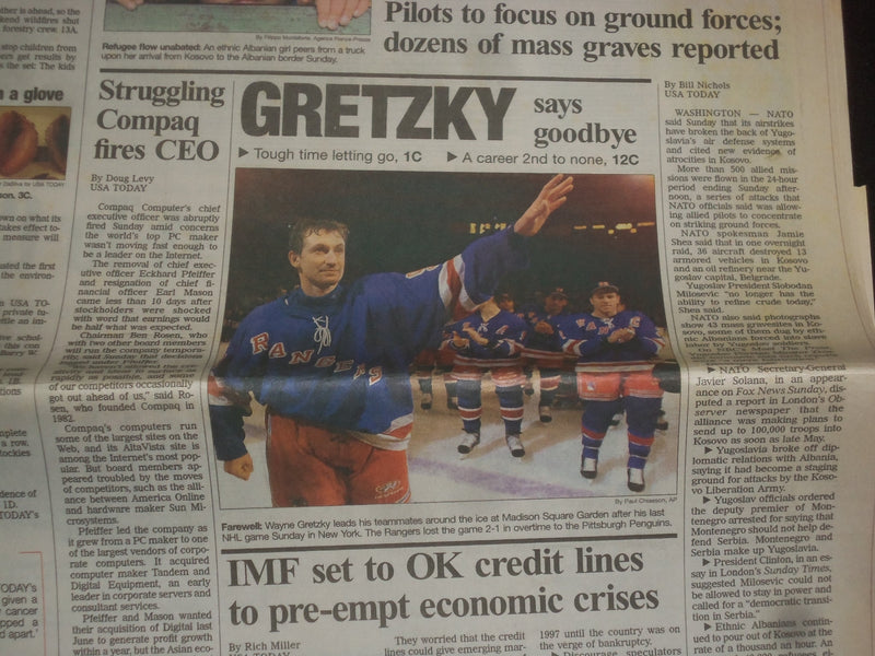 1999 APRIL 19 USA TODAY NEWSPAPER - WAYNE GRETZKY SAYS GOODBYE, RETIRES- NP 8024