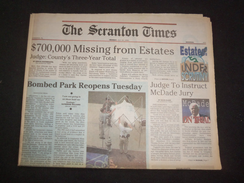 1996 JULY 29 THE SCRANTON TIMES NEWSPAPER -OLYMPIC PARK REOPENS TUESDAY- NP 8350
