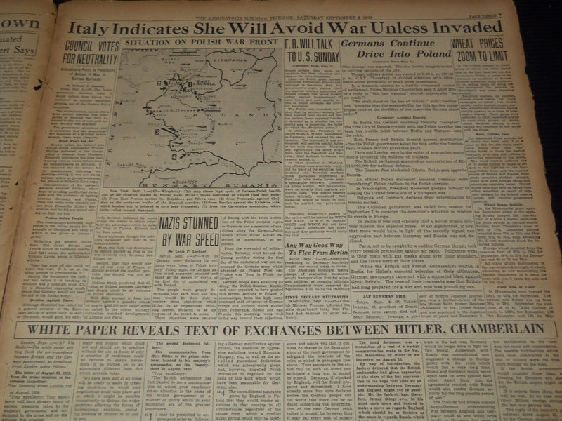 1939 SEPT 2 MINNEAPOLIS MORNING TRIBUNE - BRITISH & FRENCH WAIT WAR - NT 9518