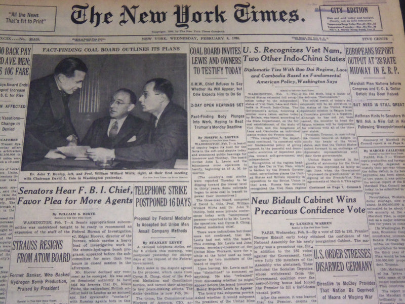 1950 FEBRUARY 8 NEW YORK TIMES - U. S. RECOGNIZES VIETNAM - NT 4726