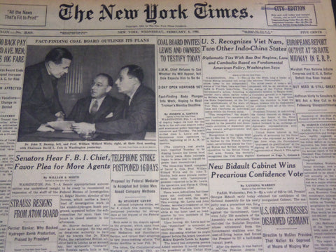 1950 FEBRUARY 8 NEW YORK TIMES - U. S. RECOGNIZES VIETNAM - NT 4726