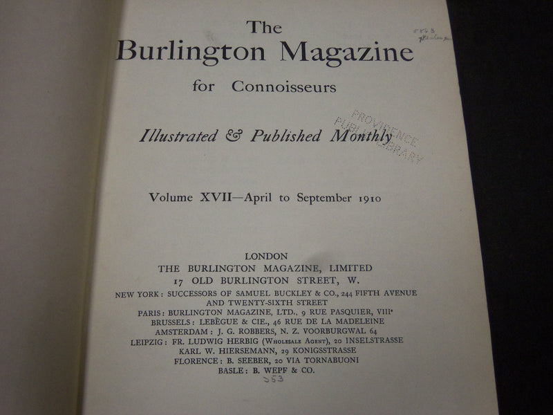 1910 APRIL-SEPTEMBER THE BURLINGTON MAGAZINE BOUND VOLUME NO. 17 - R 711