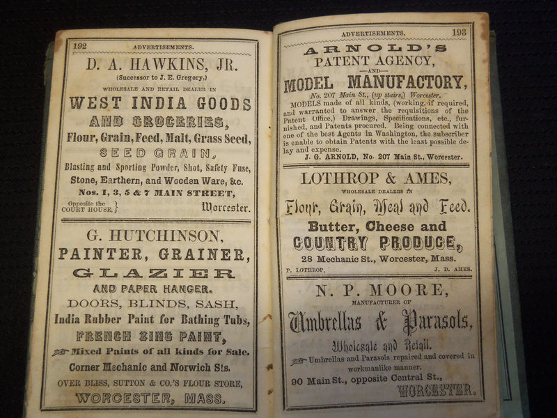 1854 WORCESTER ALMANAC DIRECTORY AND BUSINESS ADVERTISER - HENRY HOWLAND- J 9285