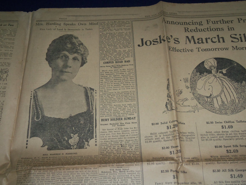 1921 MARCH 4 SAN ANTONIO SUNDAY LIGHT NEWSPAPER - HARDING & COOLIDGE - NP 972D