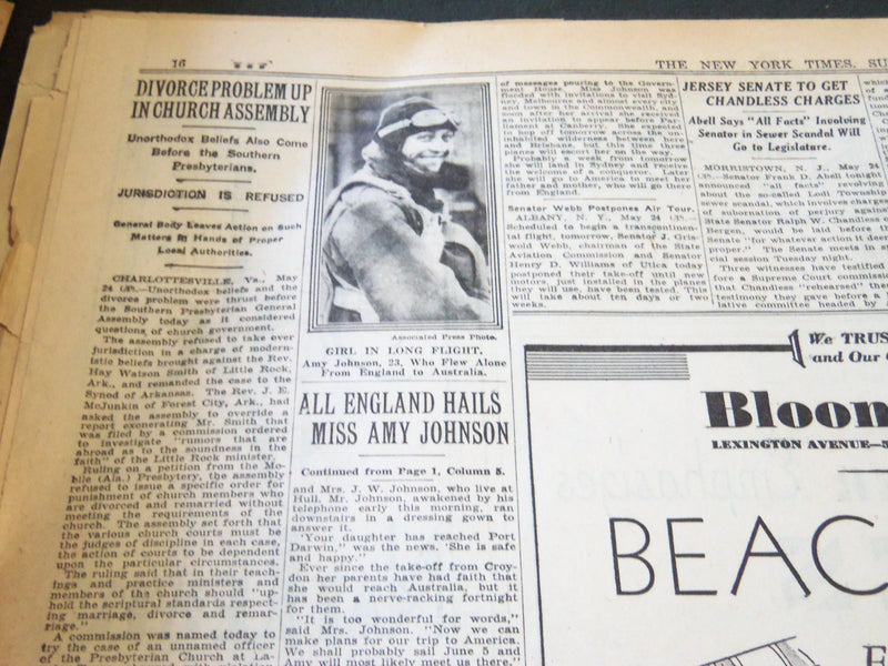 1930 MAY 25 NEW YORK TIMES - ALL ENGLAND HAILS AMY JOHNSON - NT 5704