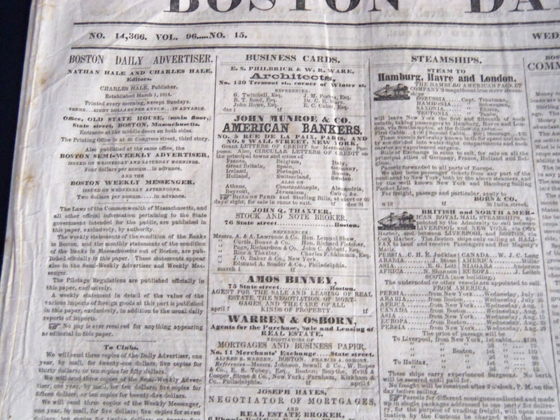 1860 JULY 18 BOSTON DAILY ADVERTISER NEWSPAPER - HARVARD COMMENCEMENT - NP 4172