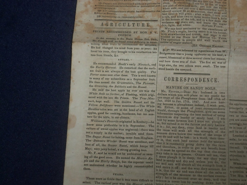 1846 MARCH 7 MASSACHUSETTS PLOUGHMAN NEWSPAPER - BARTLETT PEAR - NP 5120
