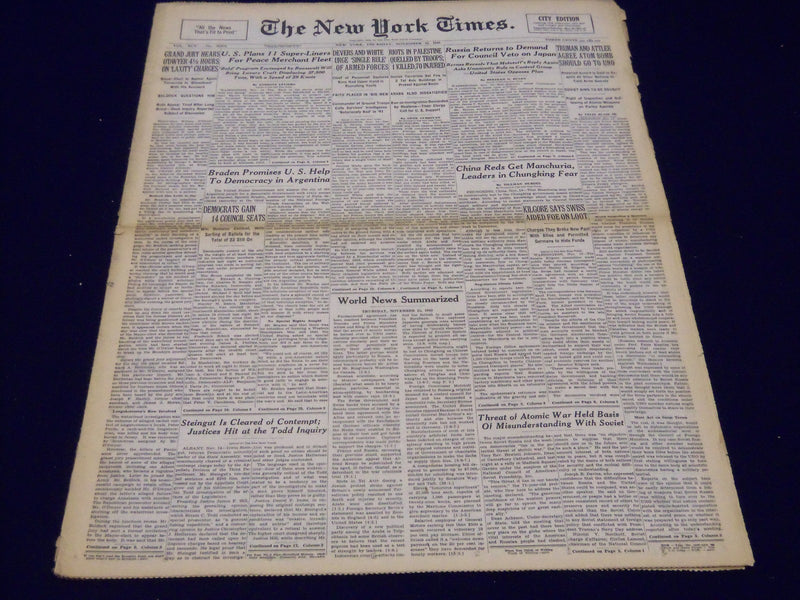 1945 NOV 15 NEW YORK TIMES - TRUMAN & ATTLEE AGREE ATOM BOMB GO TO UNO - NT 293