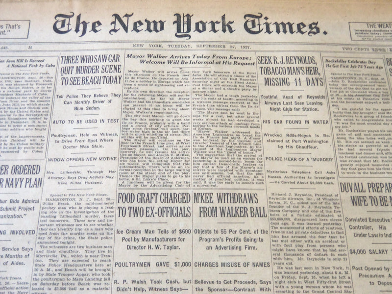 1927 SEPTEMBER 27 NEW YORK TIMES - R. J. REYNOLDS HER MISSING 11 DAYS - NT 6378