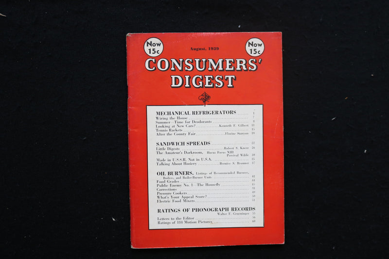 1939 AUGUST CONSUMERS' DIGEST MAGAZINE - MECHANICAL REFRIGERATORS COVER - K 402
