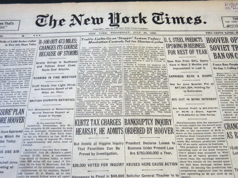 1930 JULY 30 NEW YORK TIMES - TRAFFIC LIGHTS GO ON STAGGER SYSTEM TODAY- NT 5709