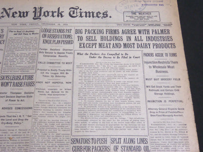 1919 DEC 19 NEW YORK TIMES - PACKING FIRMS TO SELL HOLDINGS EXCEPT MEAT- NT 7013
