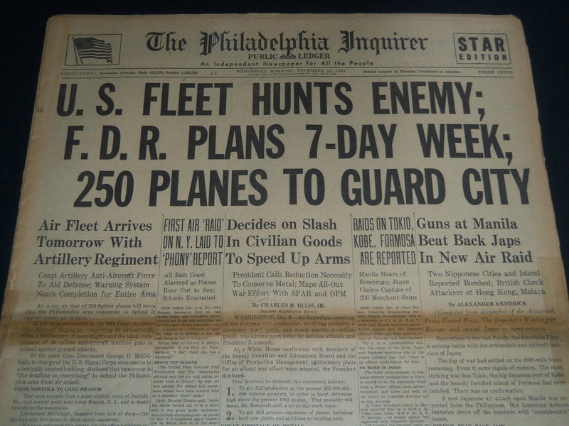 1941 DEC 10 PHILADELPHIA INQUIRER NEWSPAPER - U. S. FLEET HUNTS ENEMY - NT 7505