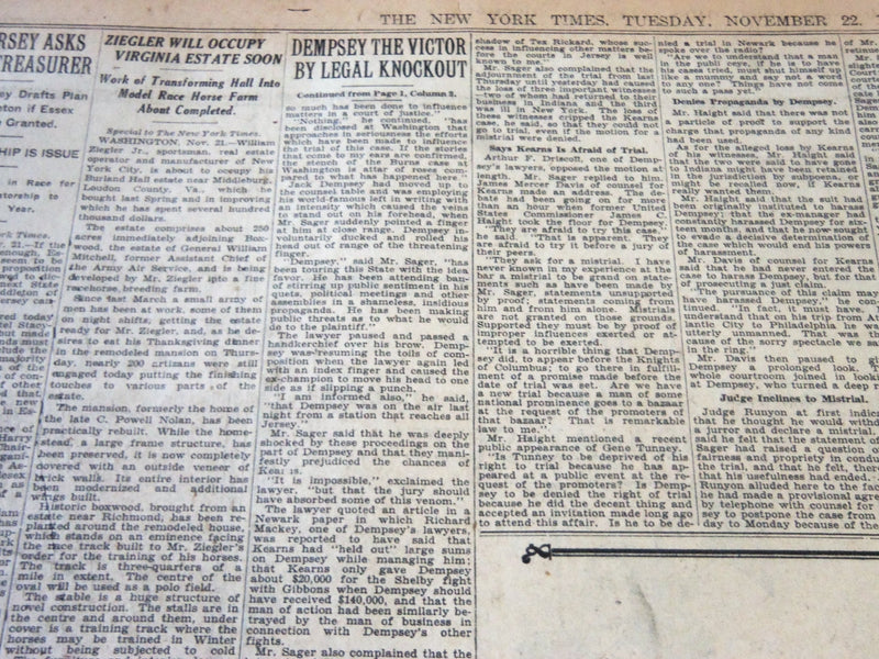 1927 NOVEMBER 22 NEW YORK TIMES - DEMPSEY THE VICTOR BY LEGAL KNOCKOUT - NT 6293
