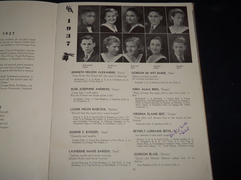1937 TOM TOM OWEGO FREE ACADEMY YEARBOOK - OWEGO NEW YORK - YB 1453