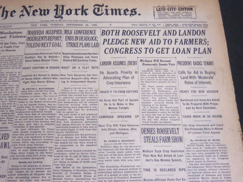 1936 SEPT 22 NEW YORK TIMES - ROOSEVELT AND LANDON PLEDGE AID TO FARM - NT 6886