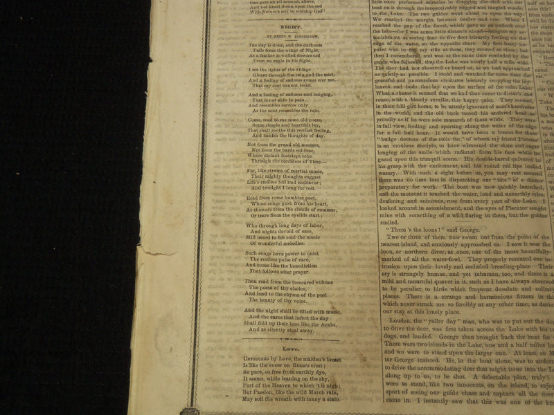 1851 FEBRUARY 15 BOSTON MUSEUM NEWSPAPER - NIGHT BY HENRY LONGFELLOW - NP 9033