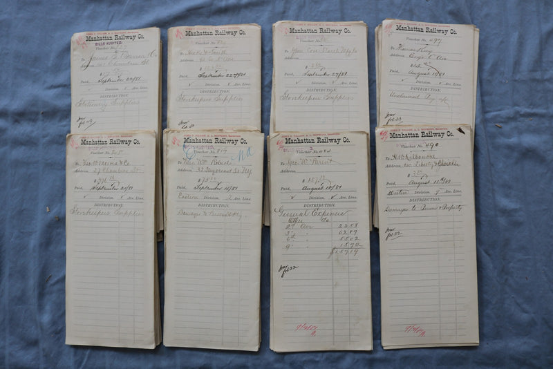 1881 AUG & SEP MANHATTAN RAILWAY COMPANY VOUCHERS - APPROXIMATELY 100 - O 3886