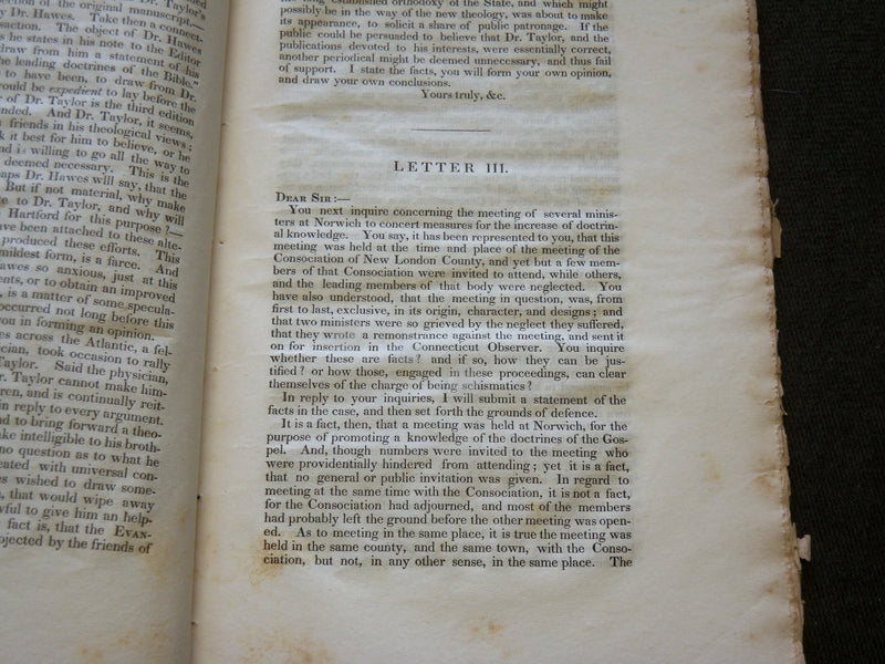 1832 CONNECTICUT THEOLOGICAL SPECULATIONS LETTERS BY AN EDWARDEAN - J 6172