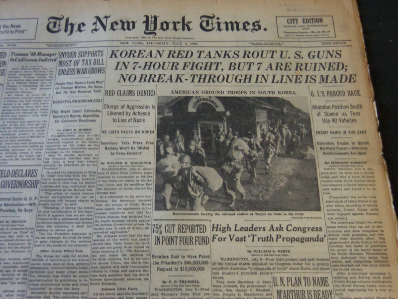 1950 JULY 6 NEW YORK TIMES - KOREAN RED TANKS ROUT U. S. GUNS - NT 5793