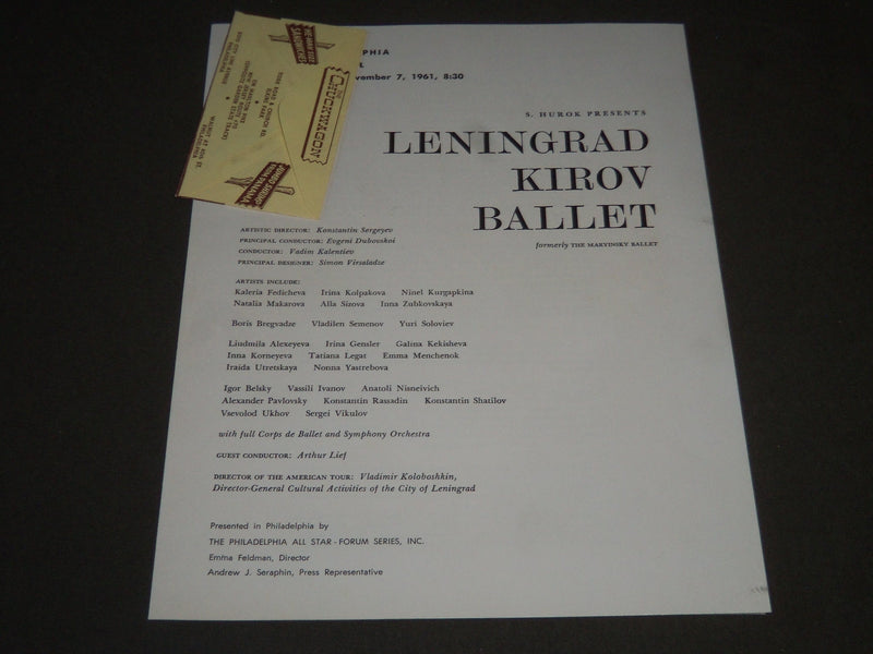 1961 NOVEMBER 7 LENINGRAD KIROV BALLET PROGRAM + TICKET STUB - ST 5217
