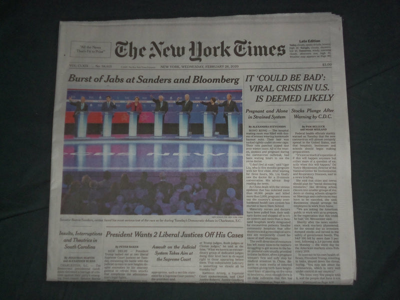 2020 FEBRUARY 26 NEW YORK TIMES - BURST OF JABS AT SANDERS & BLOOMBERG AT DEBATE