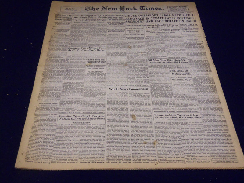 1947 JUNE 21 NEW YORK TIMES - HOUSE OVERRIDES LABOR VETO 4 TO 1 - NT 1423