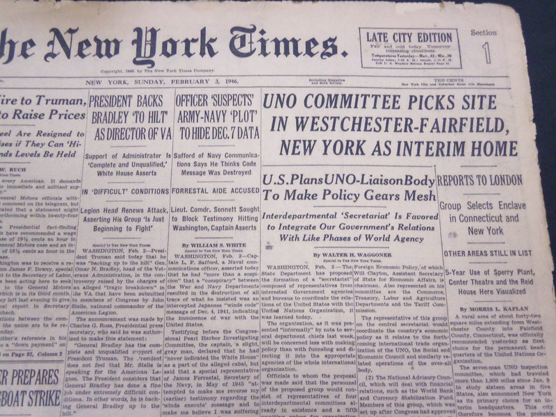 1946 FEBRUARY 3 NEW YORK TIMES - UNO COMMITTEE PICKS SITE - NT 4222