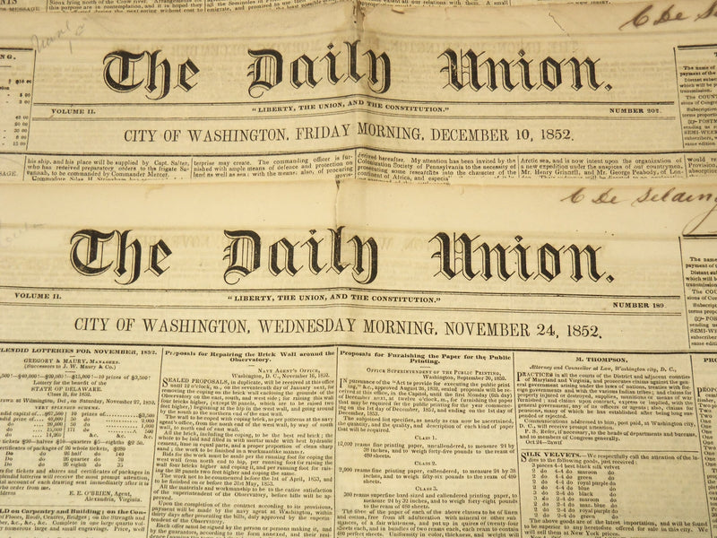 1852-1853 THE DAILY UNION NEWSPAPER LOT OF 4 ISSUES - WASINGTON - NP 3297E