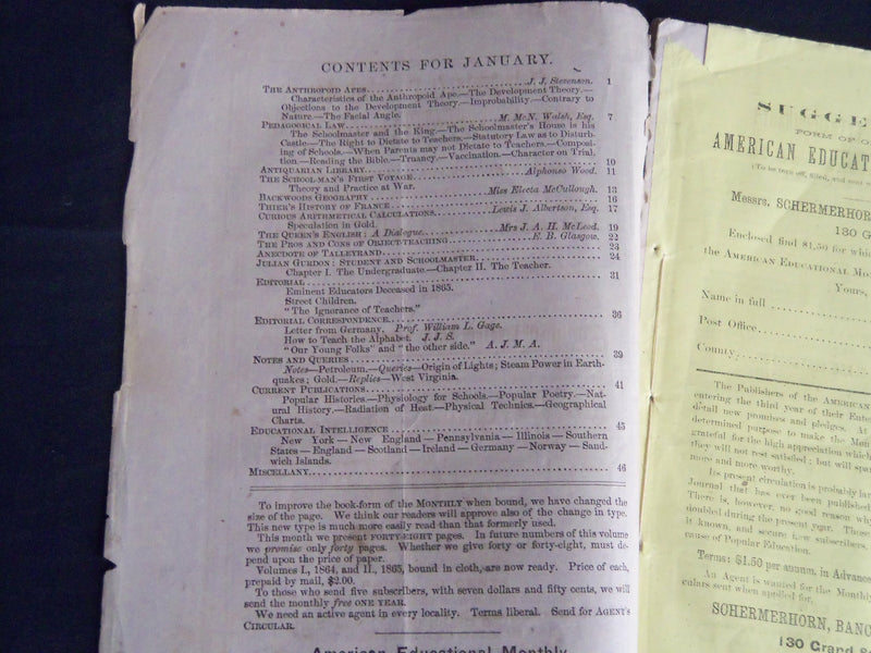 1866 JANUARY AMERICAN EDUCATIONAL MONTHLY MAGAZINE VOLUME 3 NO. 1 - J 4340