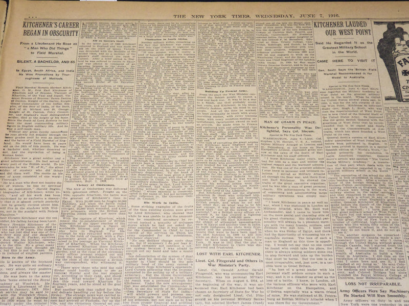 1916 JUNE 7 NEW YORK TIMES - KITCHENER AND STAFF PERISH AT SEA - NT 8607