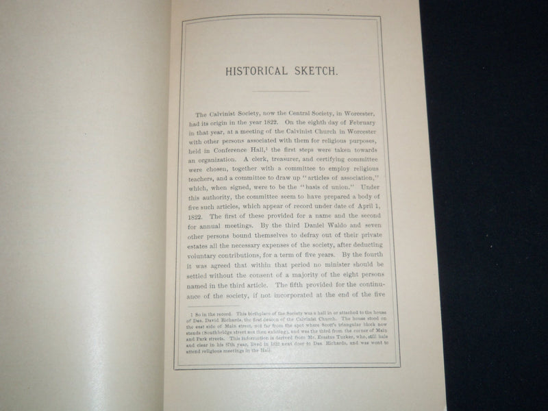 1880 THE CENTRAL SOCIETY IN WORCESTER BOOKLET - HISTORICAL SKETCH - J 8810