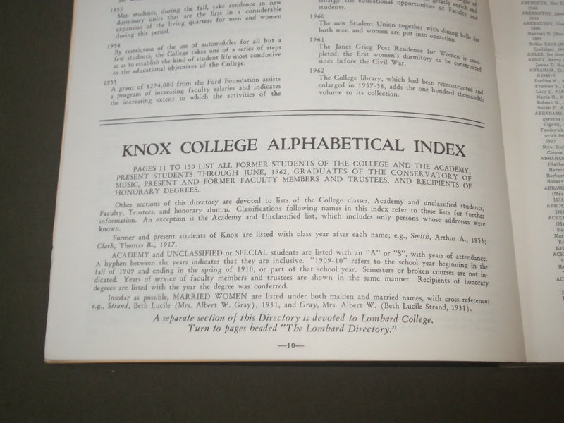 1963 KNOX COLLEGE DIRECTORY 1837-1963 - SOFTCOVER - GALESBURG ILLINOIS - KD 4634